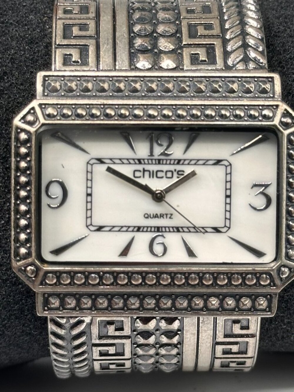 Chicos Watch Silver Tone White Dial Greek Key Wide Band New Battery 6.25"